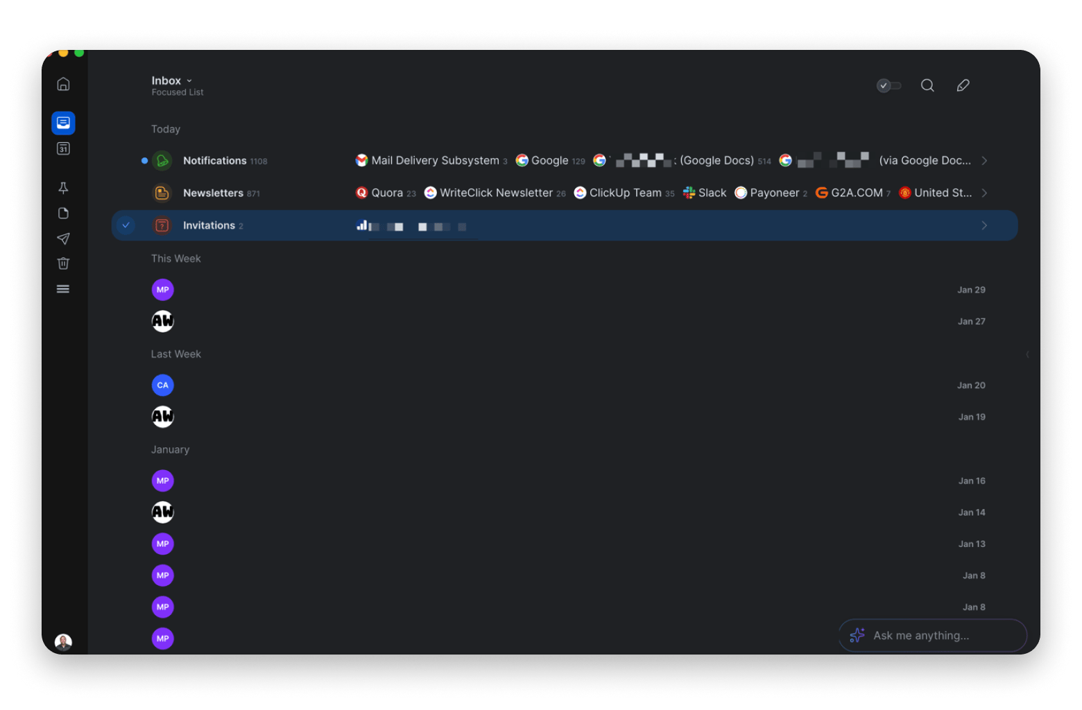 The inbox interface of Spark Mail, a smart email client available on Setapp.